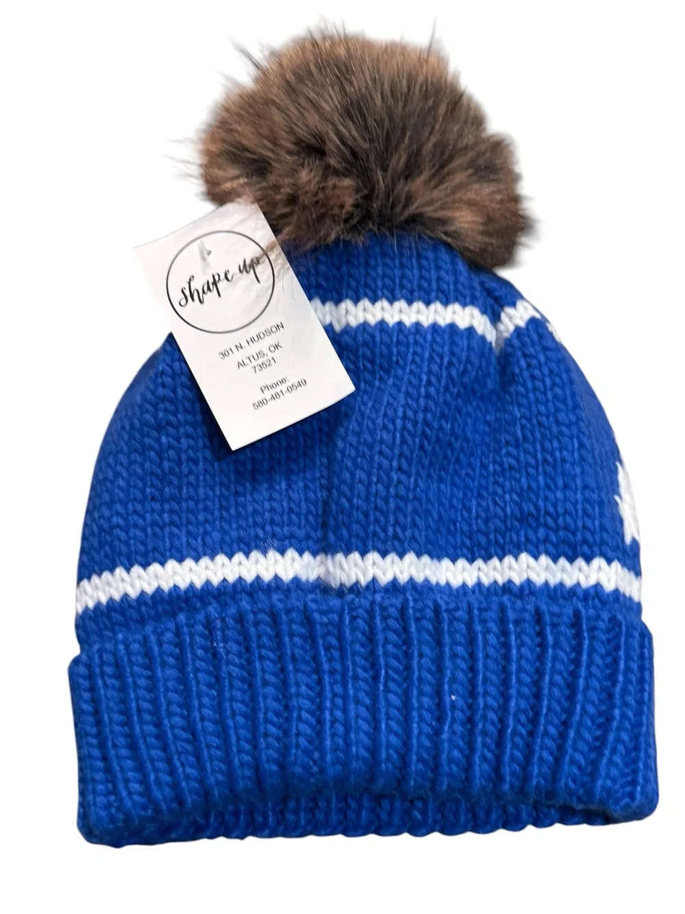 Crown Apres Women’s  Pom-Pom Knit Beanie Velour Lined - Blue & White